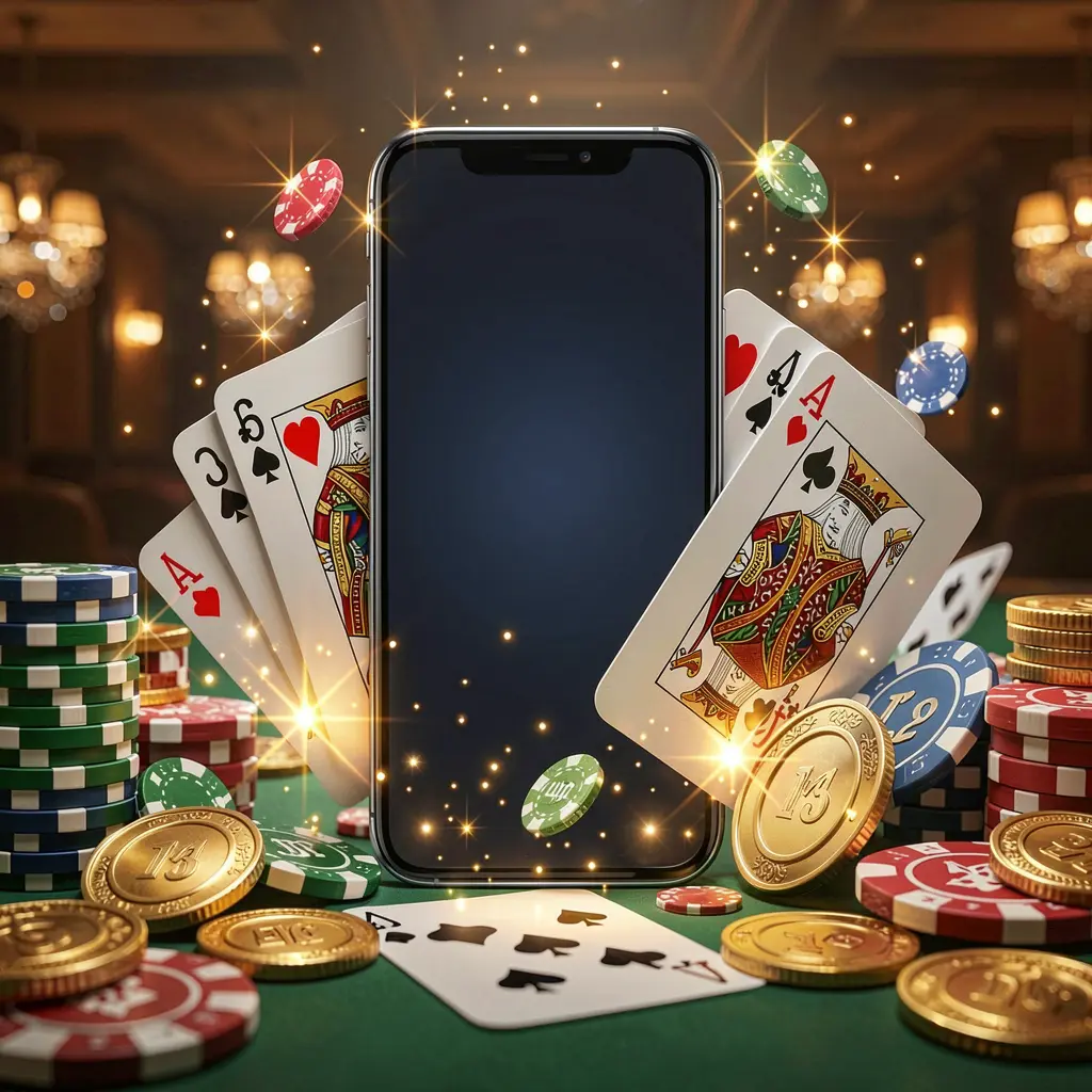 PGY7777 mobile gaming application concept featuring a smartphone surrounded by playing cards, roulette chips, gold coins, and sparkling lights in a premium casino style PGY7777 mobile gaming application concept featuring a smartphone surrounded by playing cards, roulette chips, gold coins, and sparkling lights in a premium casino style