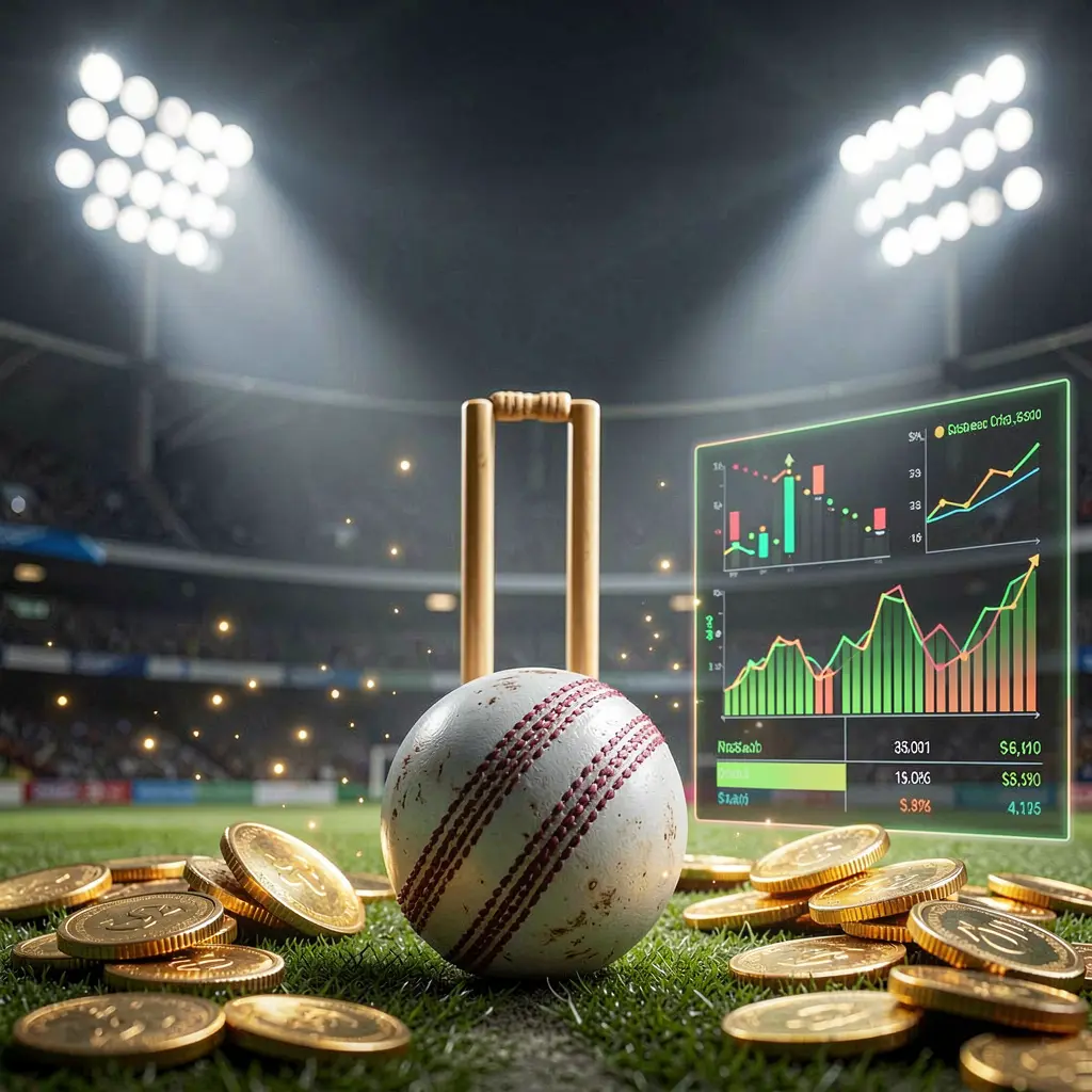Cricket betting page background by PGY7777 featuring a cricket ball in the foreground with wickets behind, dramatic stadium floodlights, golden coins, and glowing data charts Cricket betting page background by PGY7777 featuring a cricket ball in the foreground with wickets behind, dramatic stadium floodlights, golden coins, and glowing data charts