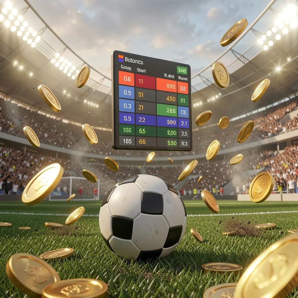 PGY7777 sports betting page showing a packed football stadium with a soccer ball in the foreground, floating digital odds interface, and golden coins flying in a realistic 3D illustration PGY7777 sports betting page showing a packed football stadium with a soccer ball in the foreground, floating digital odds interface, and golden coins flying in a realistic 3D illustration