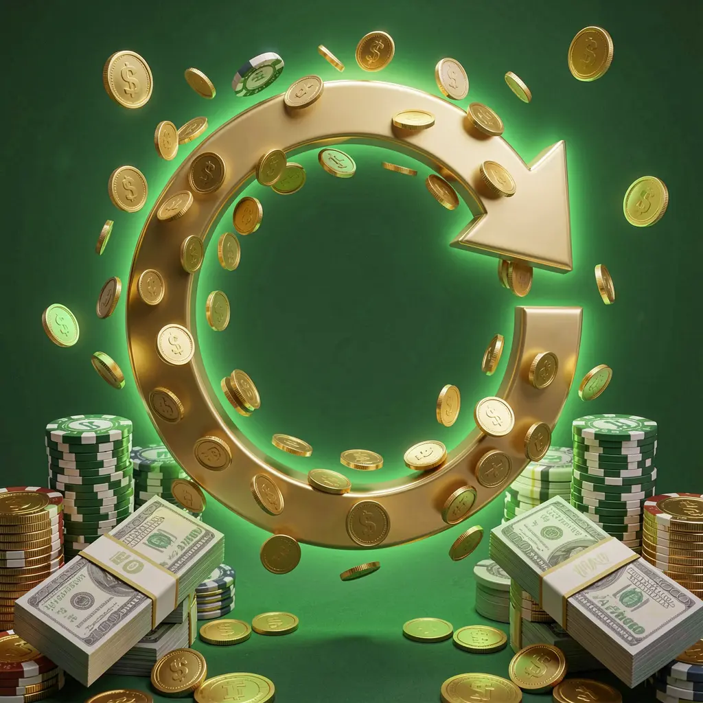 Realistic 3D render of a cashback casino bonus scene by PGY7777 featuring coins moving in a circular arrow, stacks of chips, and bundles of cash with green and gold glow Realistic 3D render of a cashback casino bonus scene by PGY7777 featuring coins moving in a circular arrow, stacks of chips, and bundles of cash with green and gold glow