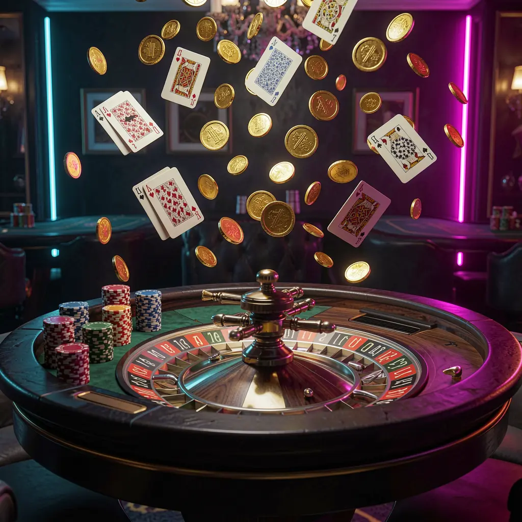 Elegant roulette table with chips, cards, and golden coins flying in the air under dramatic neon lighting, showcasing premium casino gaming by PGY7777 Elegant roulette table with chips, cards, and golden coins flying in the air under dramatic neon lighting, showcasing premium casino gaming by PGY7777