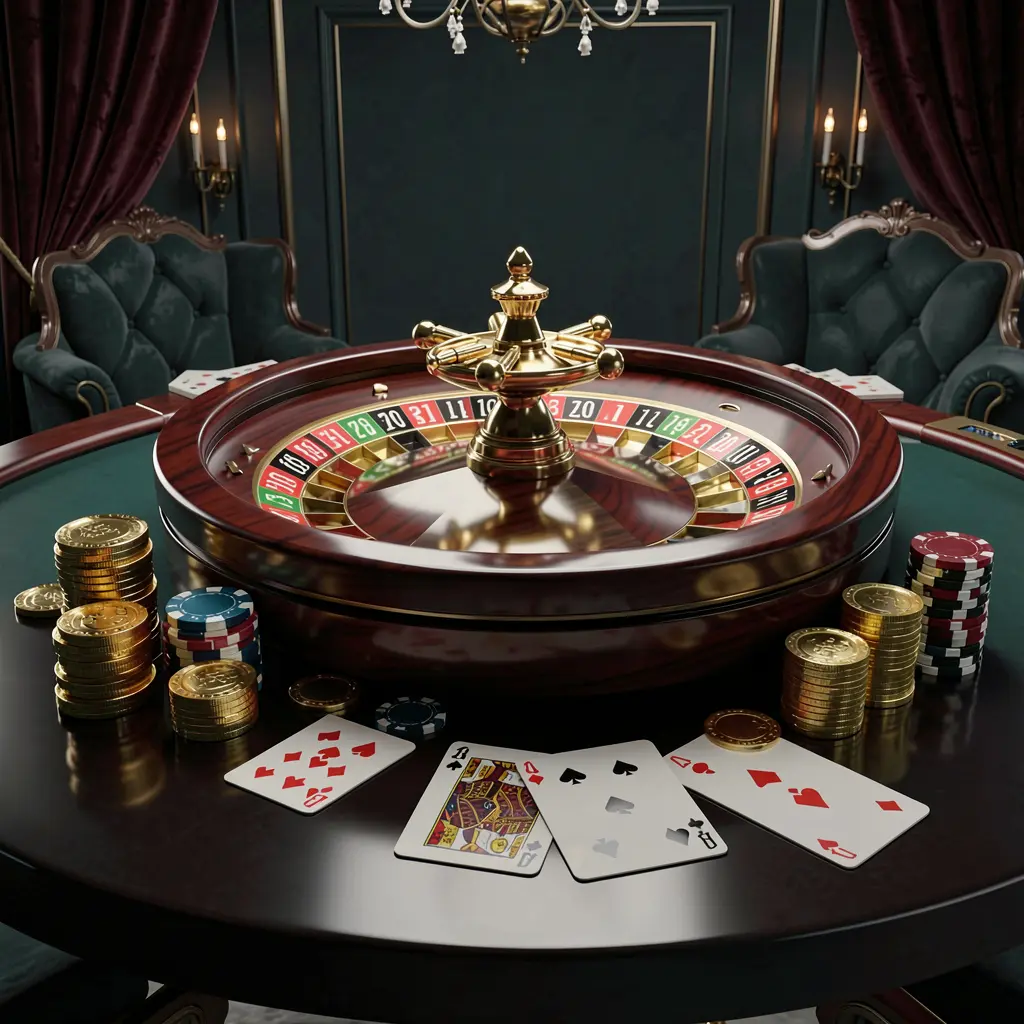 PGY7777 modern online casino scene featuring a roulette wheel, playing cards, poker chips, and golden coins on a glossy table with a dark luxury background in a realistic 3D illustration PGY7777 modern online casino scene featuring a roulette wheel, playing cards, poker chips, and golden coins on a glossy table with a dark luxury background in a realistic 3D illustration