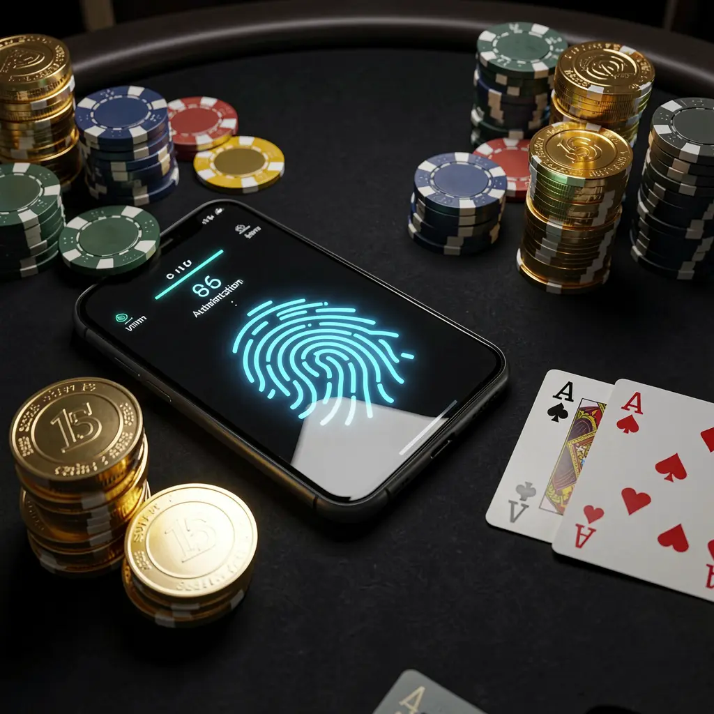 PGY7777 online casino authentication concept showing a phone with a glowing fingerprint scan on a premium black table surrounded by poker chips, golden coins, and playing cards in a cinematic 3D render PGY7777 online casino authentication concept showing a phone with a glowing fingerprint scan on a premium black table surrounded by poker chips, golden coins, and playing cards in a cinematic 3D render
