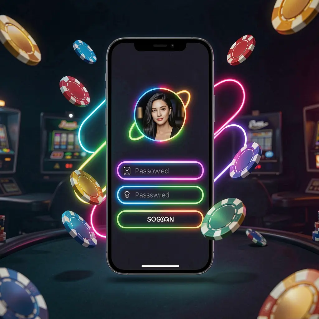 PGY7777 mobile casino login screen showing abstract user profile and password fields on a glowing neon phone with chips and coins flying around in a dark premium casino atmosphere PGY7777 mobile casino login screen showing abstract user profile and password fields on a glowing neon phone with chips and coins flying around in a dark premium casino atmosphere