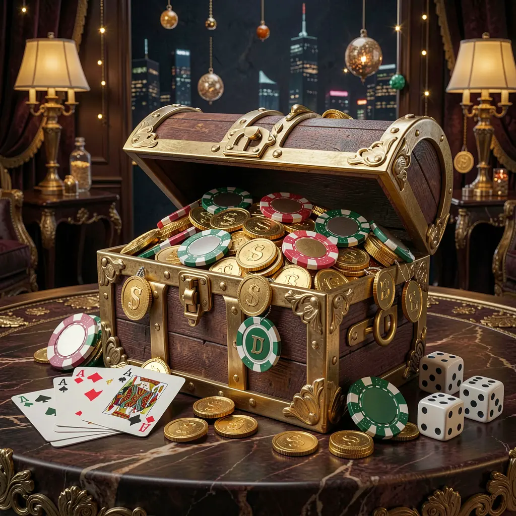 PGY7777 online casino welcome banner featuring a treasure chest filled with golden coins and casino chips, playing cards and dice nearby against a dark luxury background creating a festive premium atmosphere